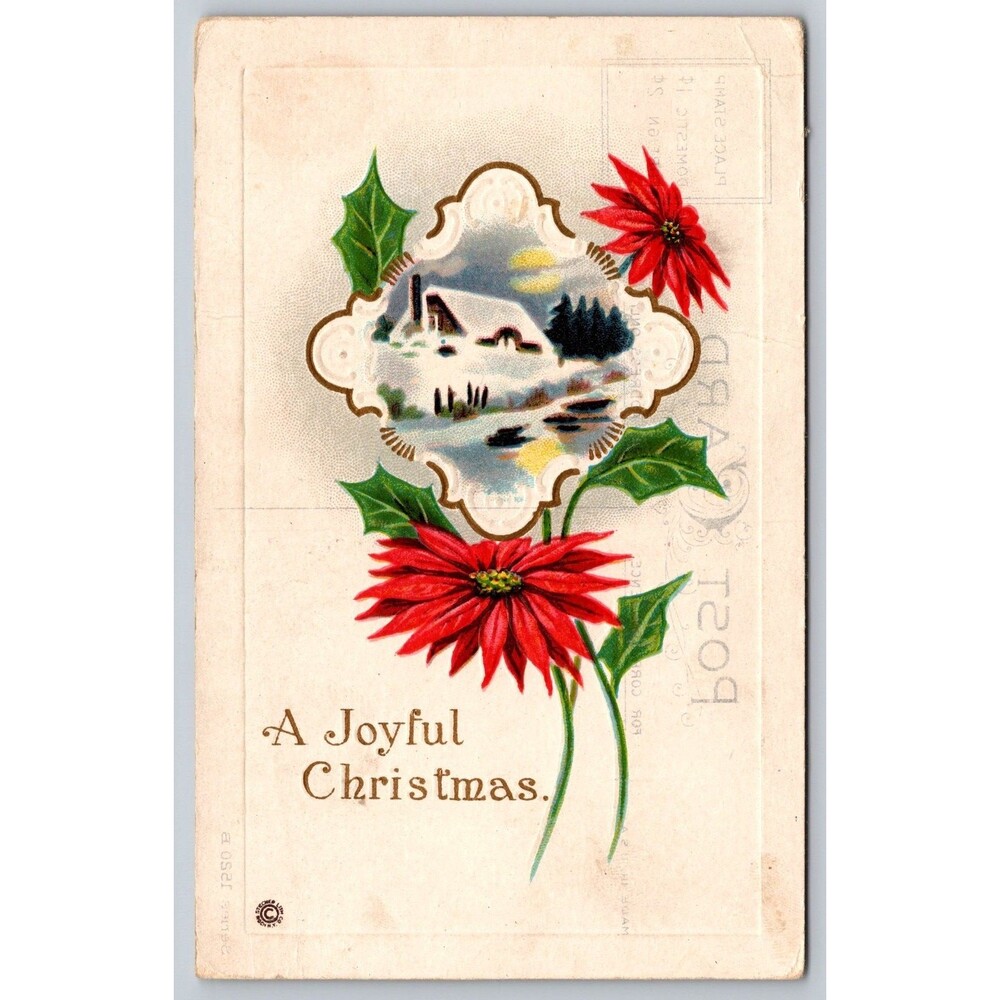 Postcard Joyful Christmas Snow Scene Poinsettia Embossed c1910s Unposted Sticker
